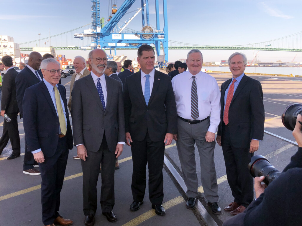 Pictured L to R: Jeff Theobald, PhilaPort CEO & Executive Director, Governor of Pennsylvania Tom Wolf, U.S. Secretary of Labor Marty Walsh, Mayor of Philadelphia Jim Kenney & Jerry Sweeney, PhilaPort Board Chairman.
